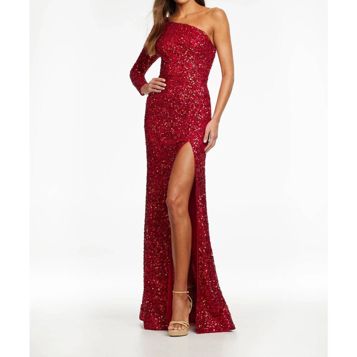 New Ashleylauren One Shoulder Fully Hand Beaded Prom Gown In Red